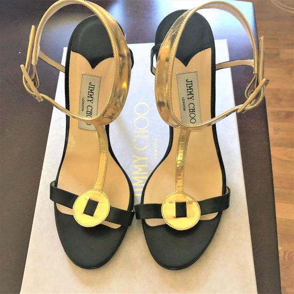 Jimmy Choo Glamorous Black Towering Stilettoes with Gold Straps Size 9.5 - Picture 4 of 8